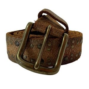Vintage Studded Leather Belt Womens L Tan Brown Brass Buckle Boho Y2K 90s Rodeo